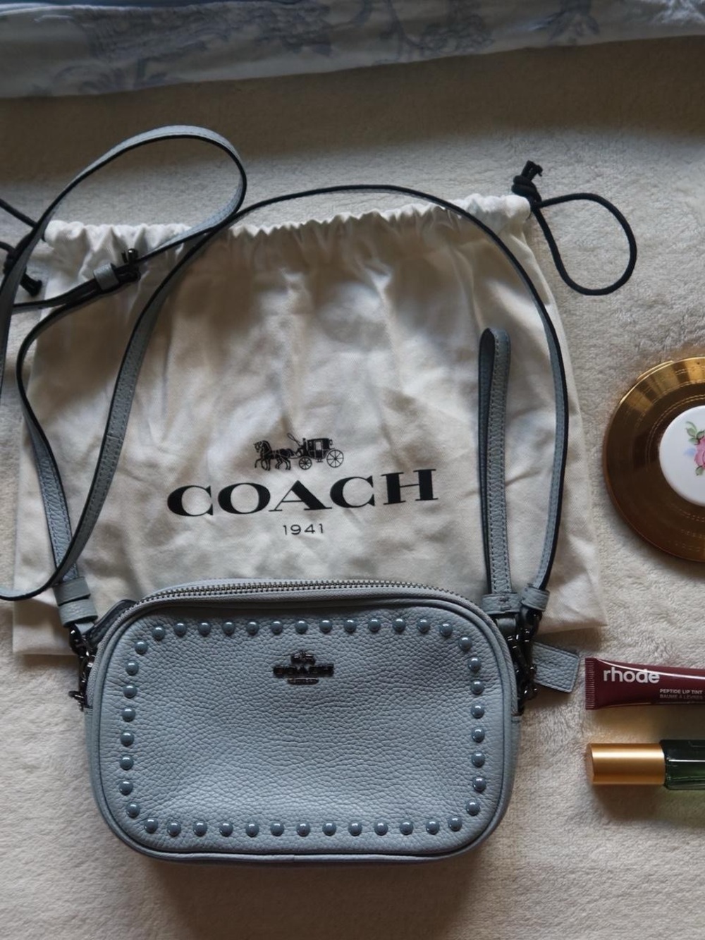 Coach Light Blue Pebbled Leather Studded Crossbody